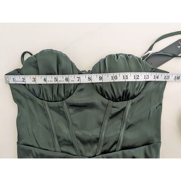 NWT Lulus Flirty Agenda Jumpsuit Medium Dark Green Satin Bustier Wide Leg Womens - Picture 10 of 12